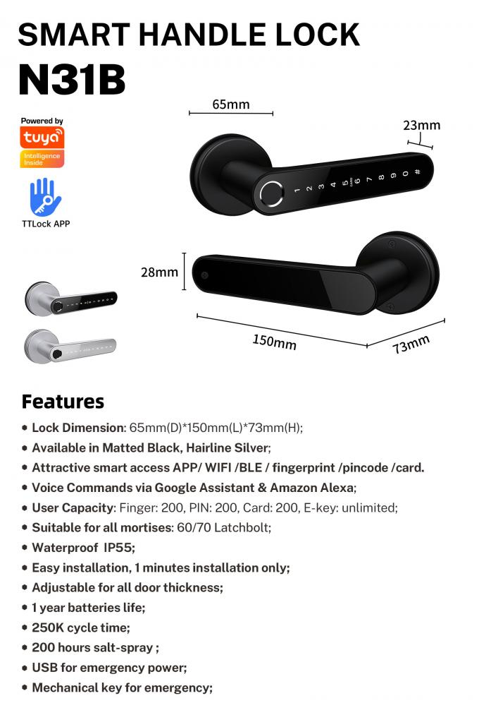 WiFi App Smart Fingerprint Door Handle Lock Identification Time 0.1S 10