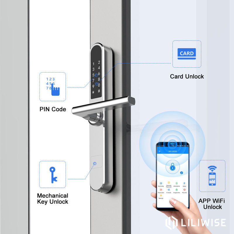 Wifi App Access Bluetooth Door Lock Thumbprint Door Lock 38mm Width Slim Panel Silver Color