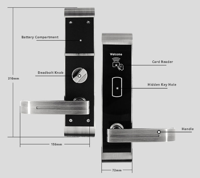 Zinc Alloy Rfid Hotel Door Locks With IC Card Mechanical Key 310 * 72mm 0