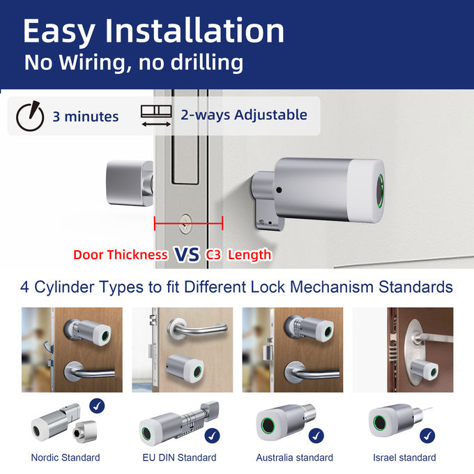 Liliwise Fingerprint RFID Card Waterproof Door Lock Adjustable WiFi BLE Tuya Ttlock Smart Cylinder Lock for Replacing Old Mechanical 3