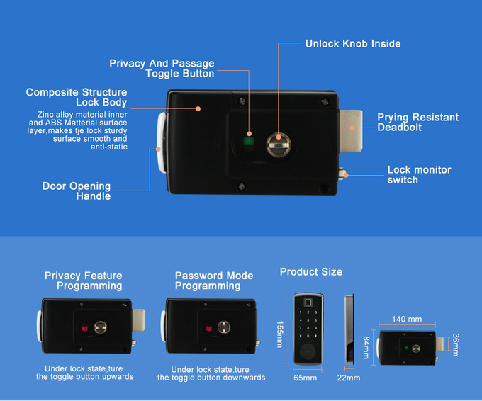 Fingerprint Zinc Alloy Electronic RIM Door Lock Without Mortise 2